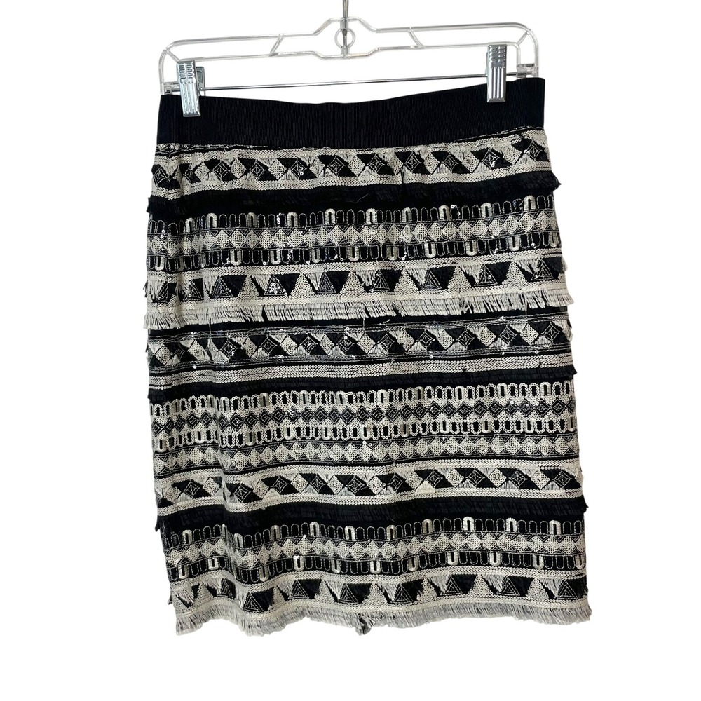 Vince Camuto Sequin Fringe Trim Pencil Skirt Womens 4 Beaded Black Geometric